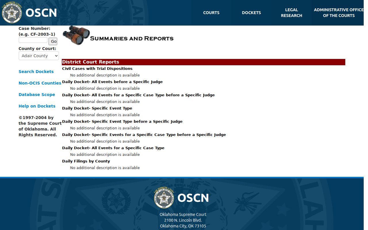Murray County warrant records OSCN docket search fields